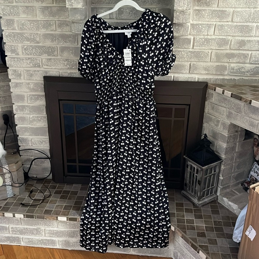 Black maxi dress with white cherries